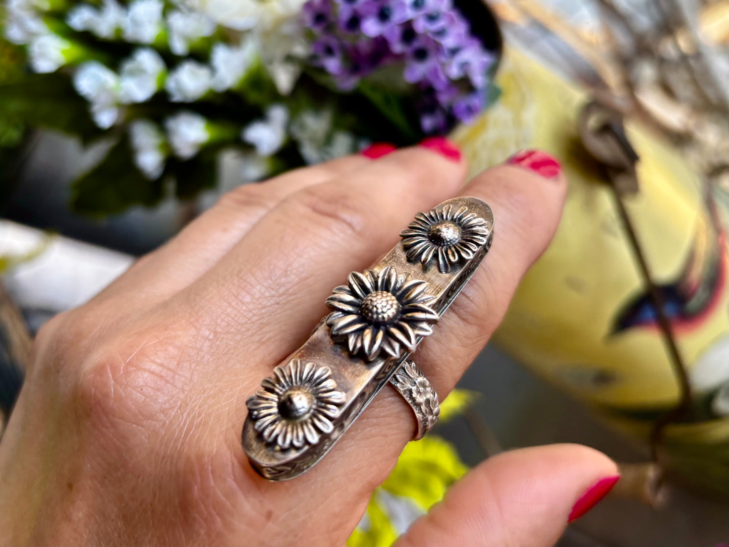 Sterling Silver Sunflower Hollow Box Form Shaker Adjustable Ring