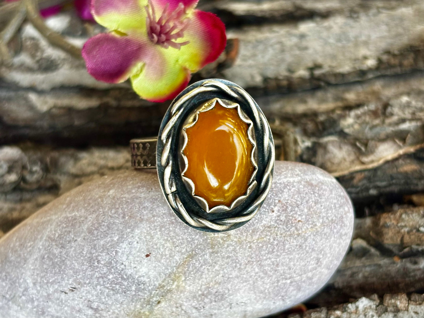 Sterling Silver Twisted Yellow Jade Adjustable Ring