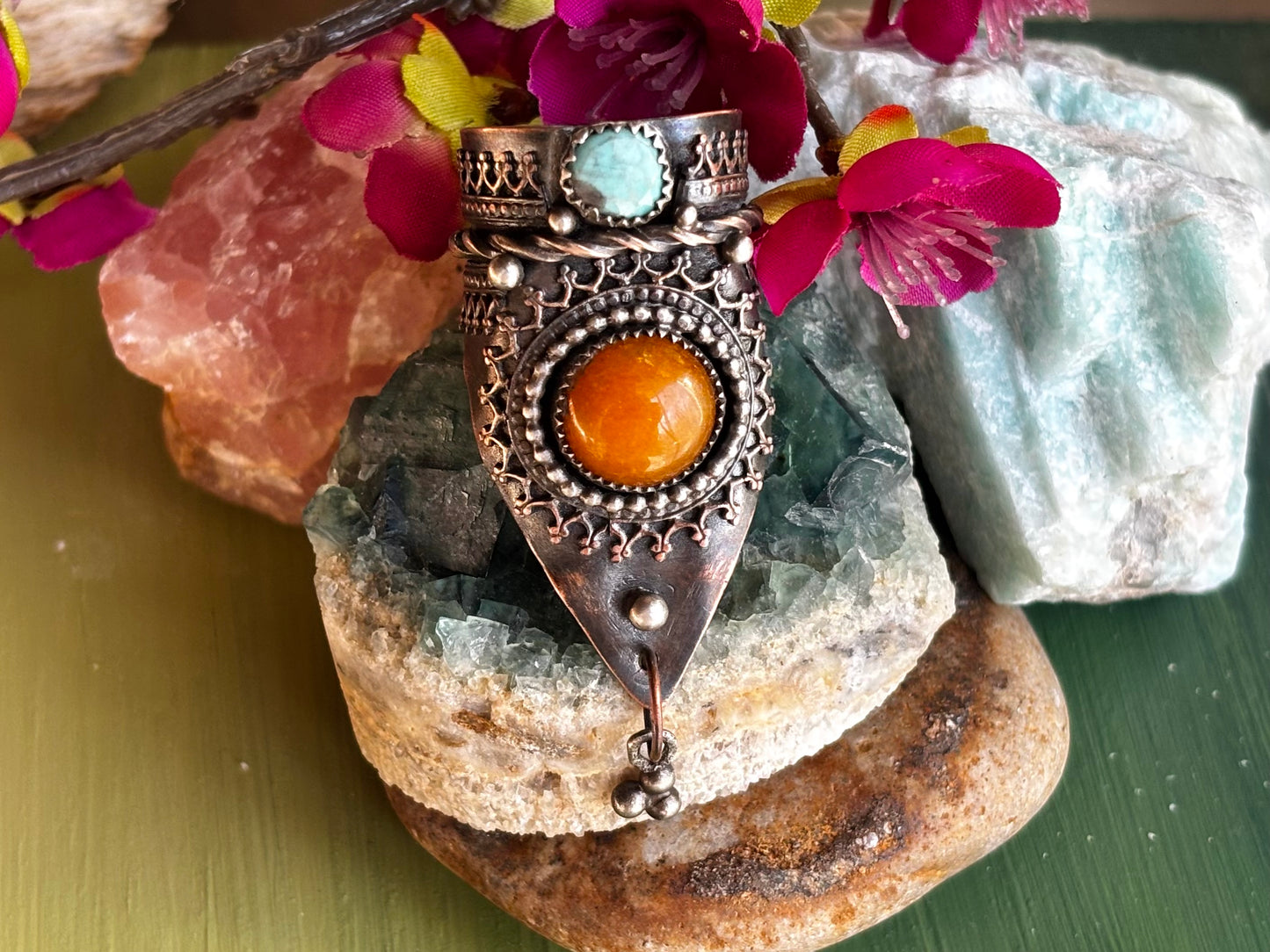 Copper Silver Yellow Jade and Hubei Turquoise Adjustable Ring.