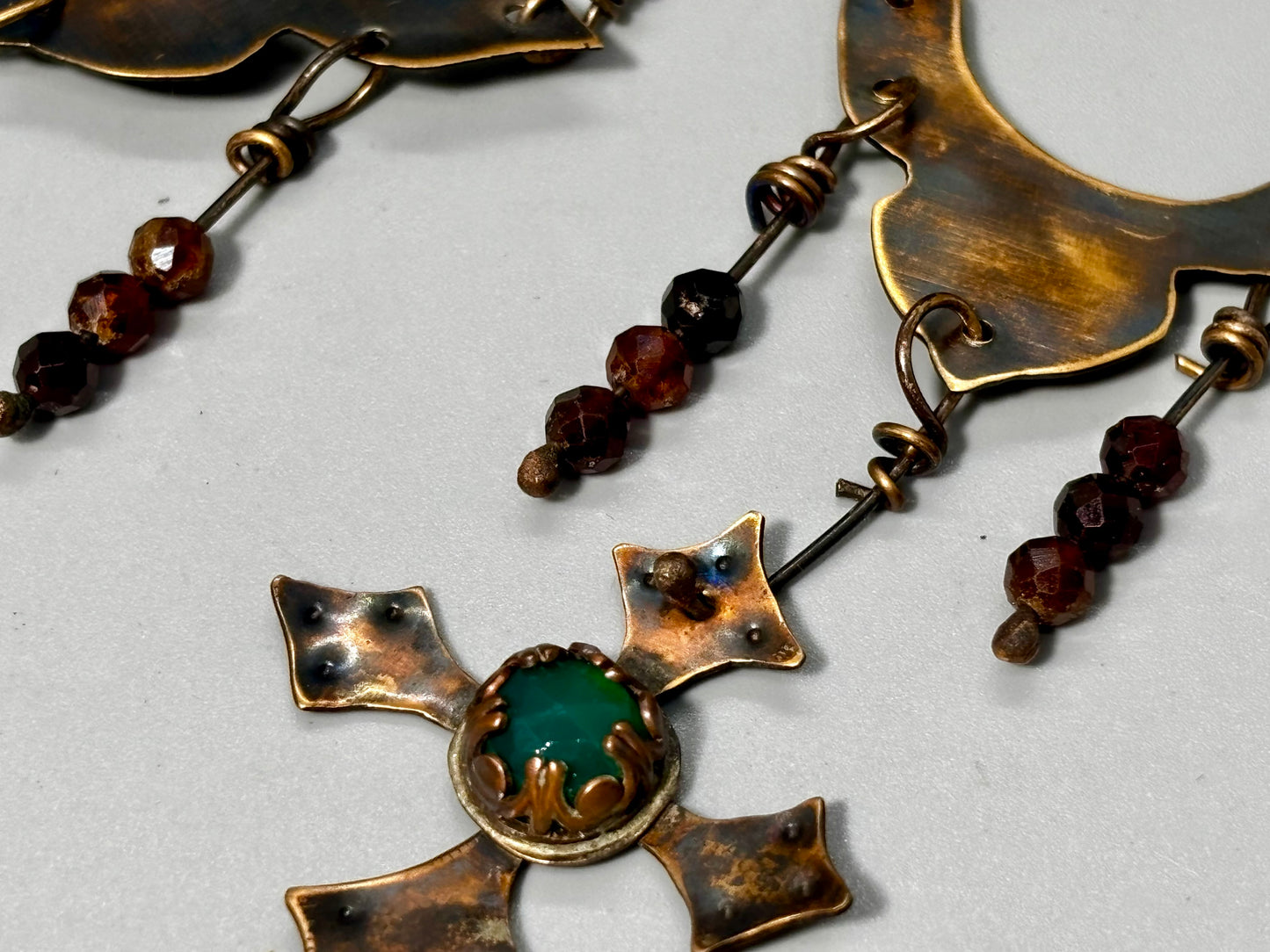 Green Chalcedony Garnet Cross Chandelier Earrings