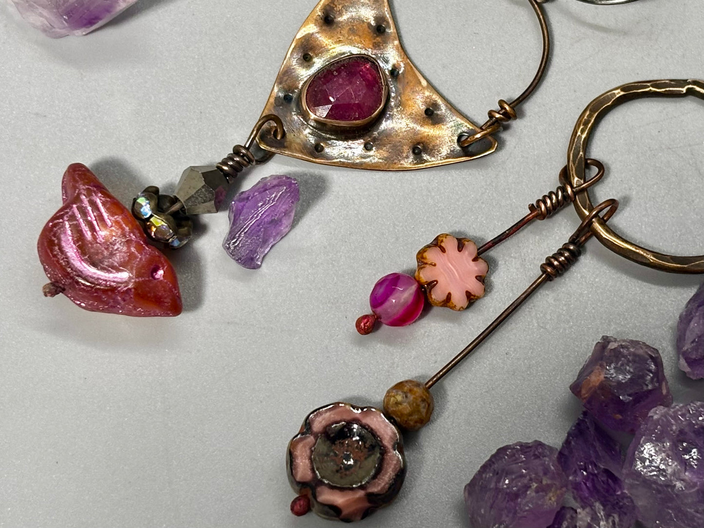 Asymmetrical Pink Birdie Beaded Earrings