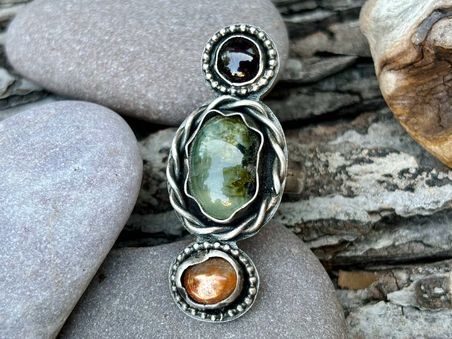 Sterling Silver Garnet Prehnite Sunstone Custom Adjustable Ring