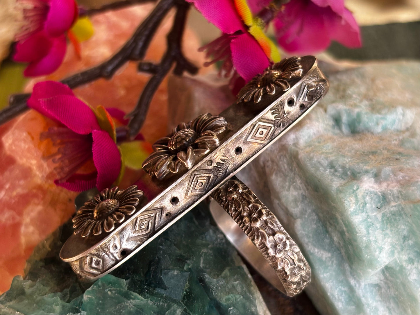 Sterling Silver Sunflower Hollow Box Form Shaker Adjustable Ring