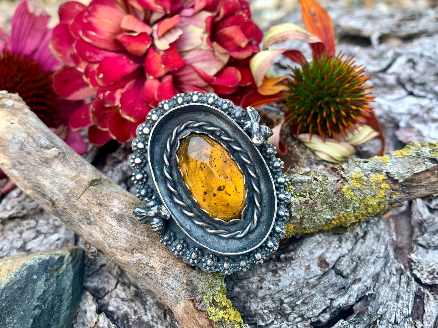 Amber & Bee Sterling Silver Shadow Box Ring
