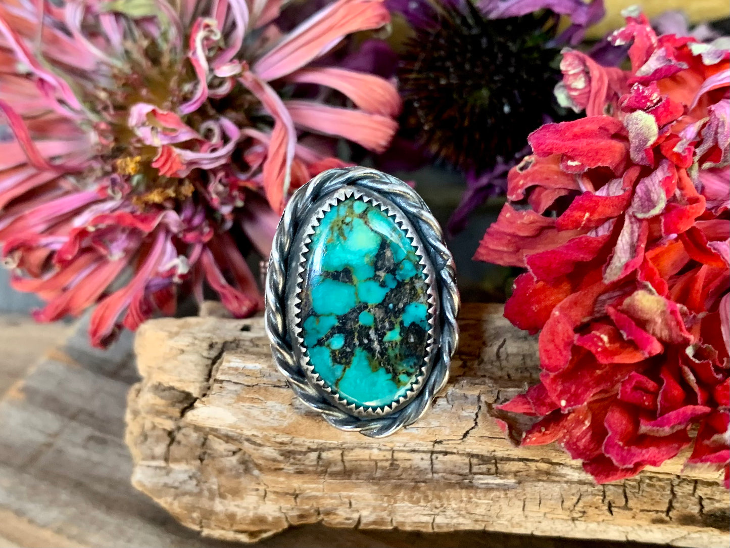 Sterling Silver Copper Hubei Turquoise Adjustable Ring (C)