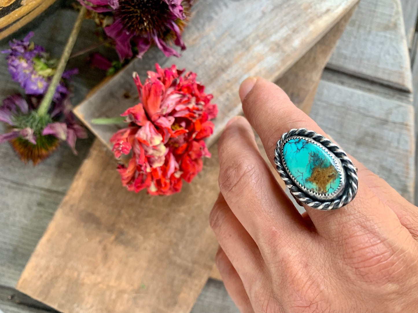 Sterling Silver Copper Hubei Turquoise Adjustable Ring (D)