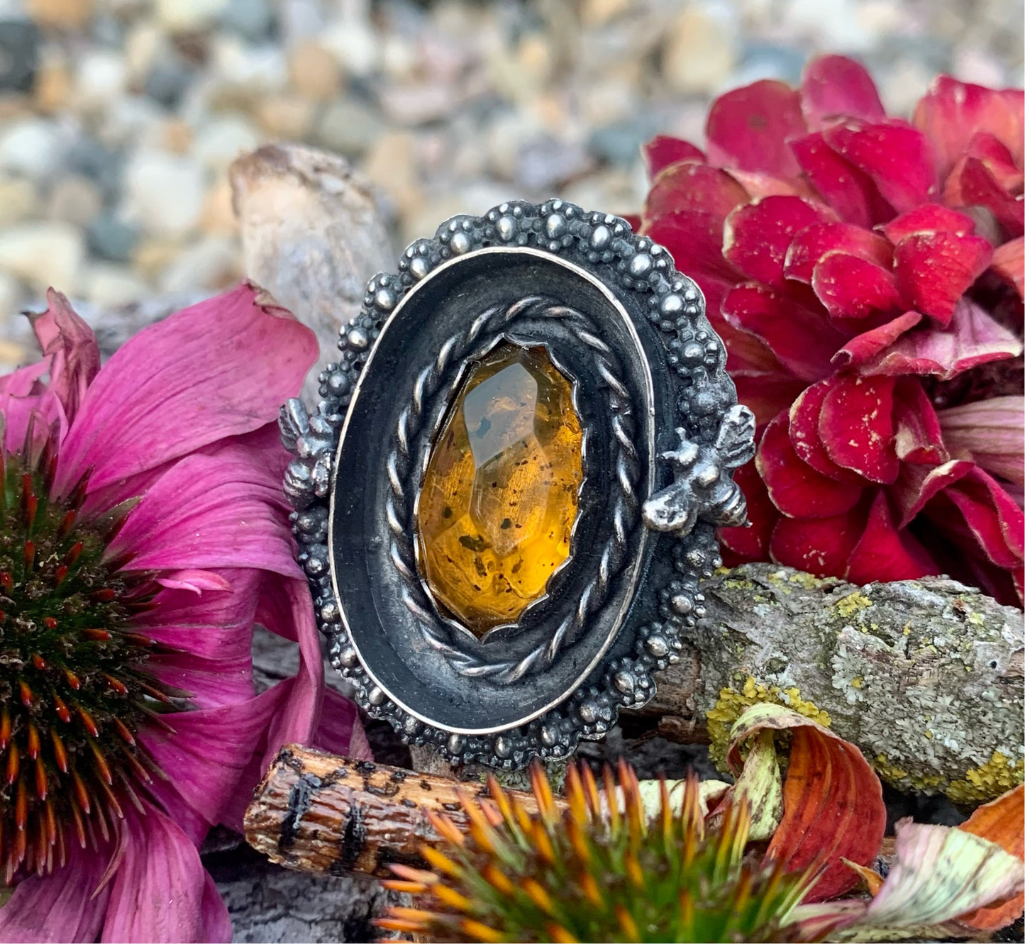 Amber & Bee Sterling Silver Shadow Box Ring