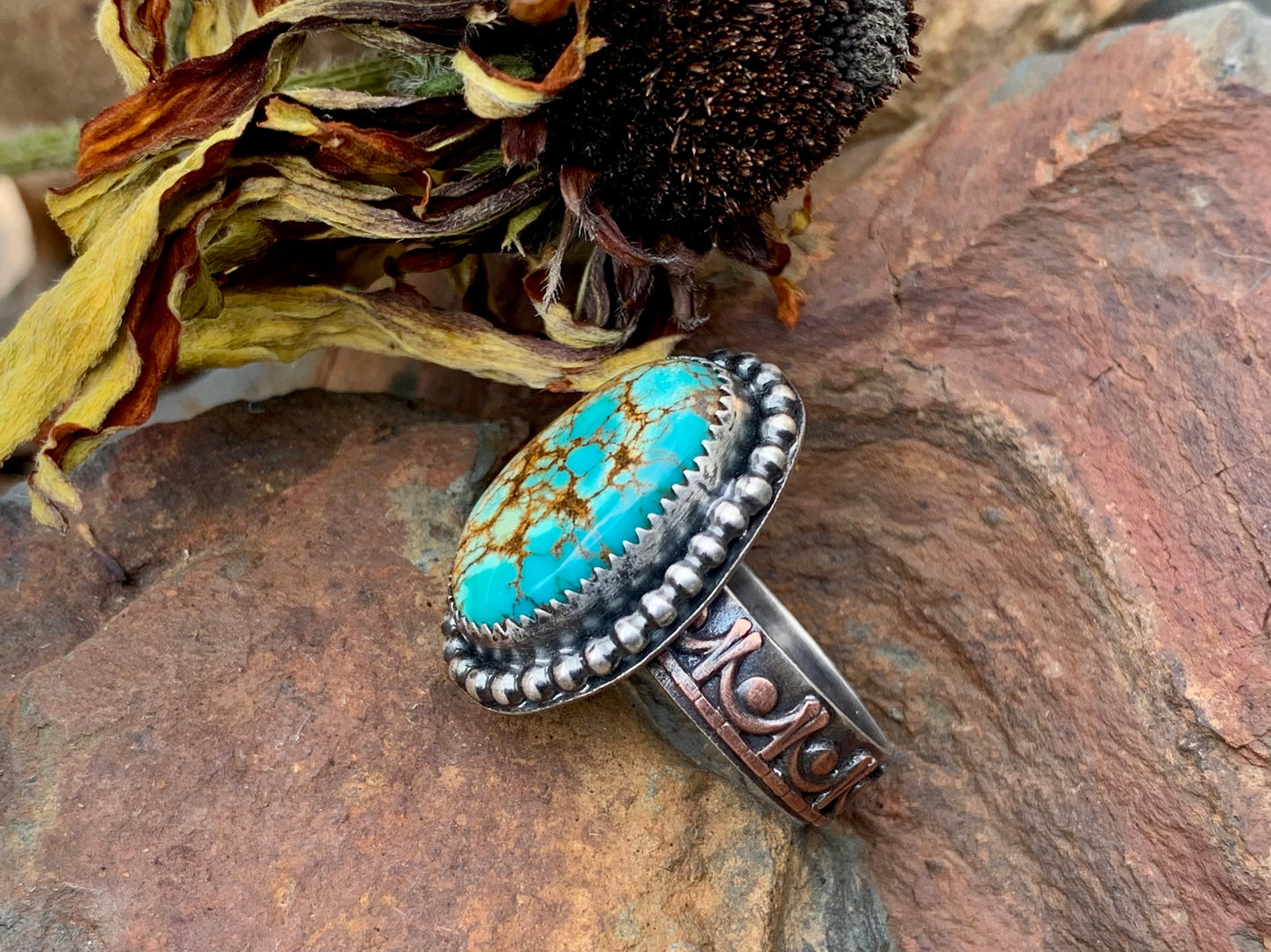 Sterling Silver Copper Hubei Turquoise Adjustable Ring (E)