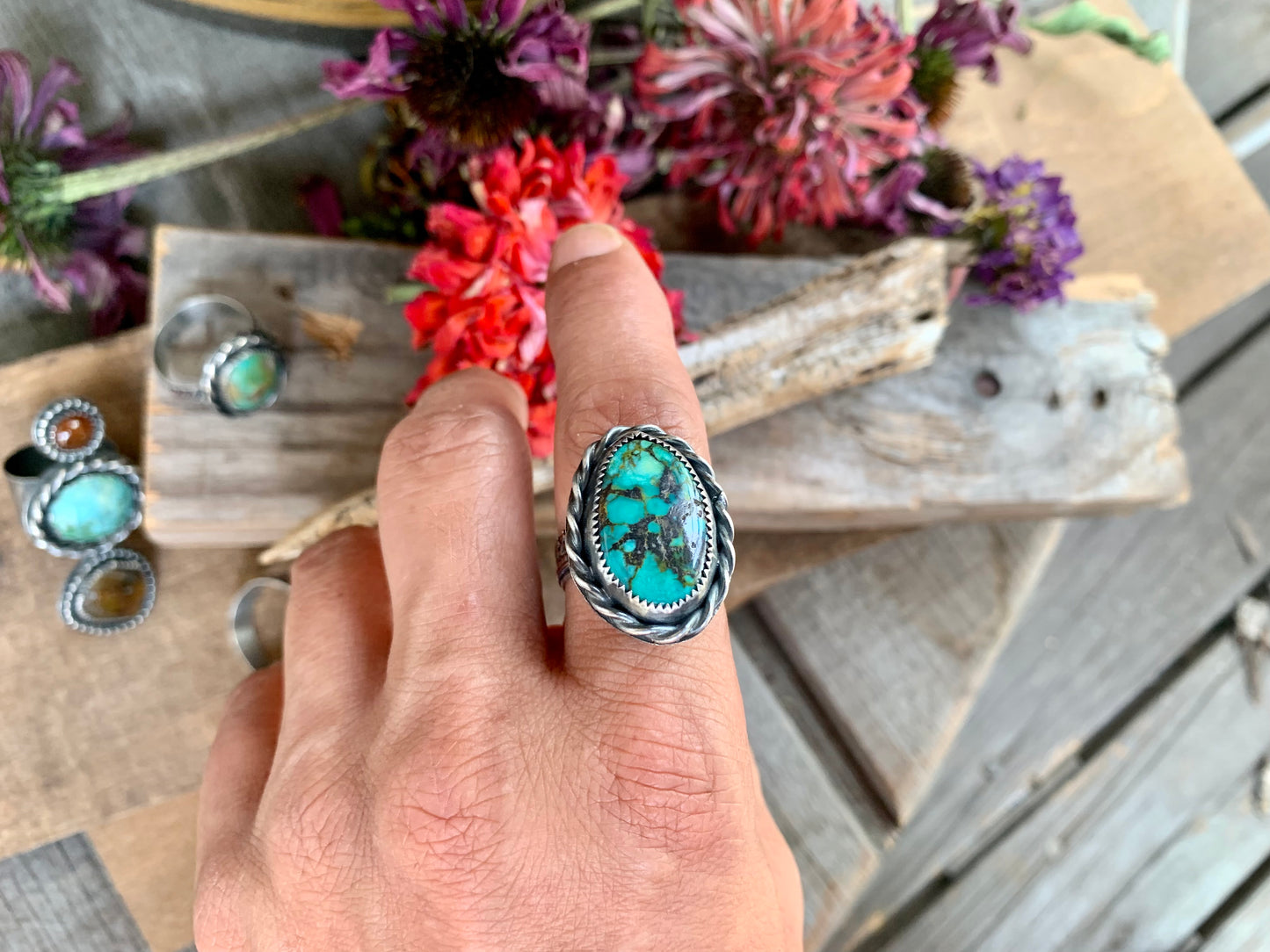 Sterling Silver Copper Hubei Turquoise Adjustable Ring (C)