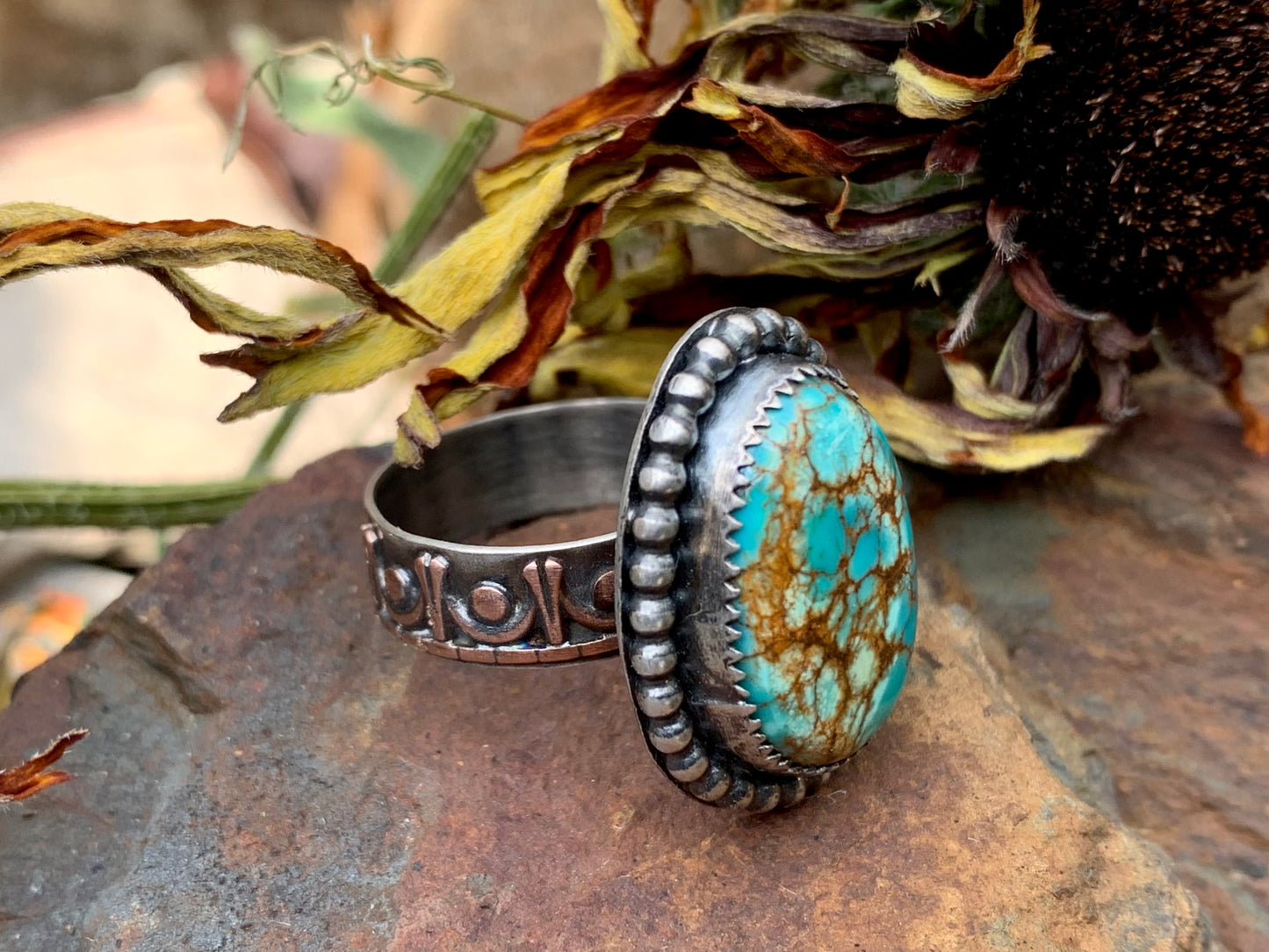 Sterling Silver Copper Hubei Turquoise Adjustable Ring (E)