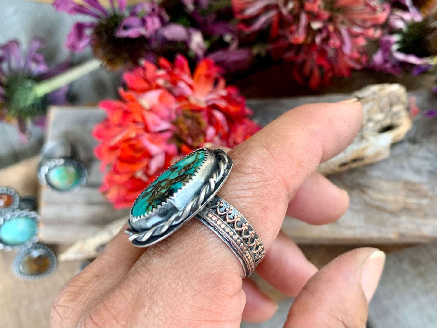 Sterling Silver Copper Hubei Turquoise Adjustable Ring (C)