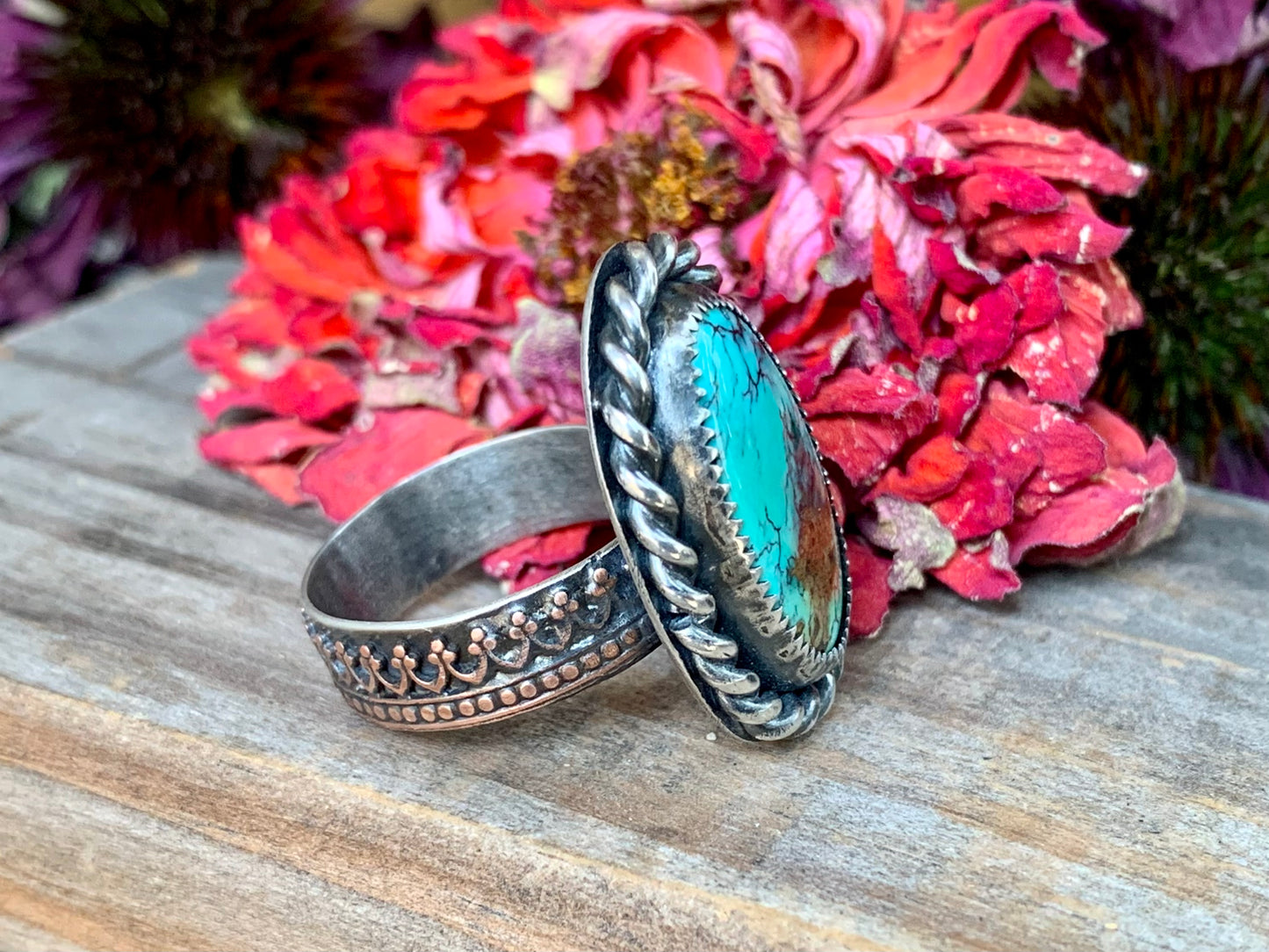 Sterling Silver Copper Hubei Turquoise Adjustable Ring (D)