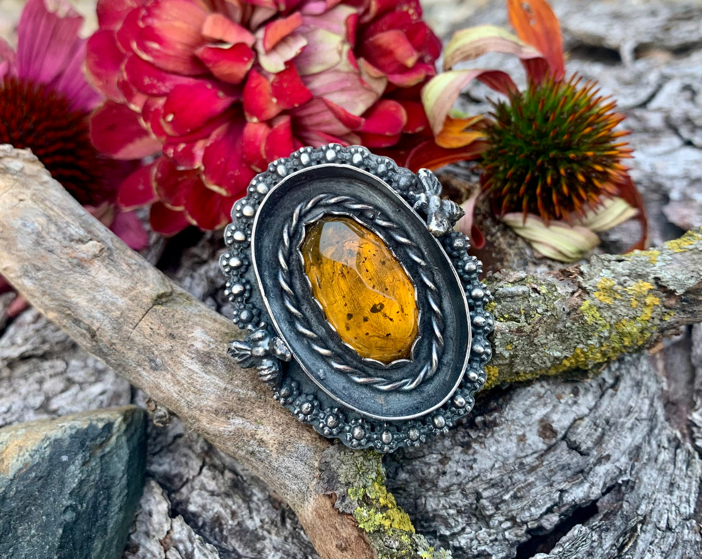 Amber & Bee Sterling Silver Shadow Box Ring