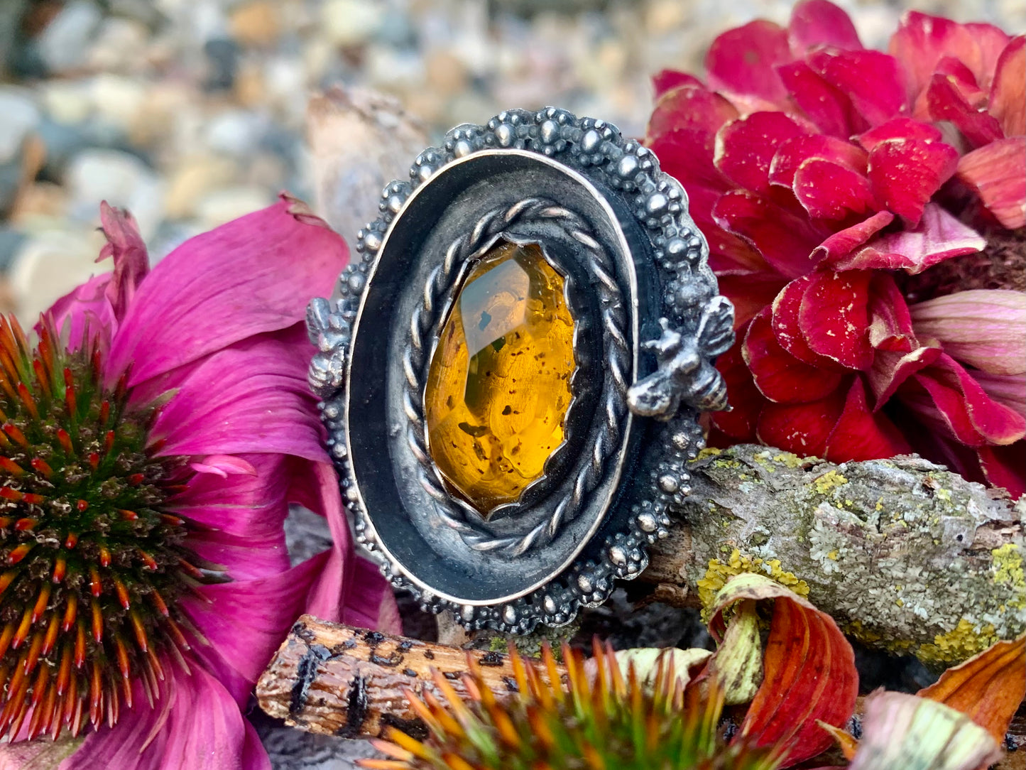 Amber & Bee Sterling Silver Shadow Box Ring