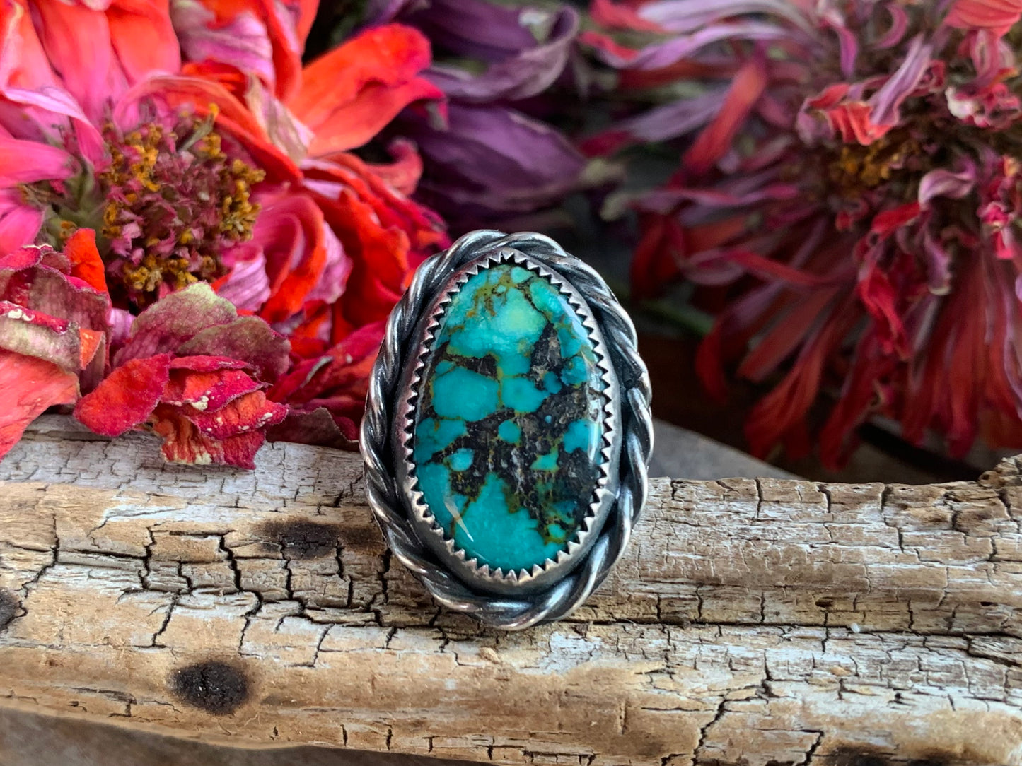 Sterling Silver Copper Hubei Turquoise Adjustable Ring (C)