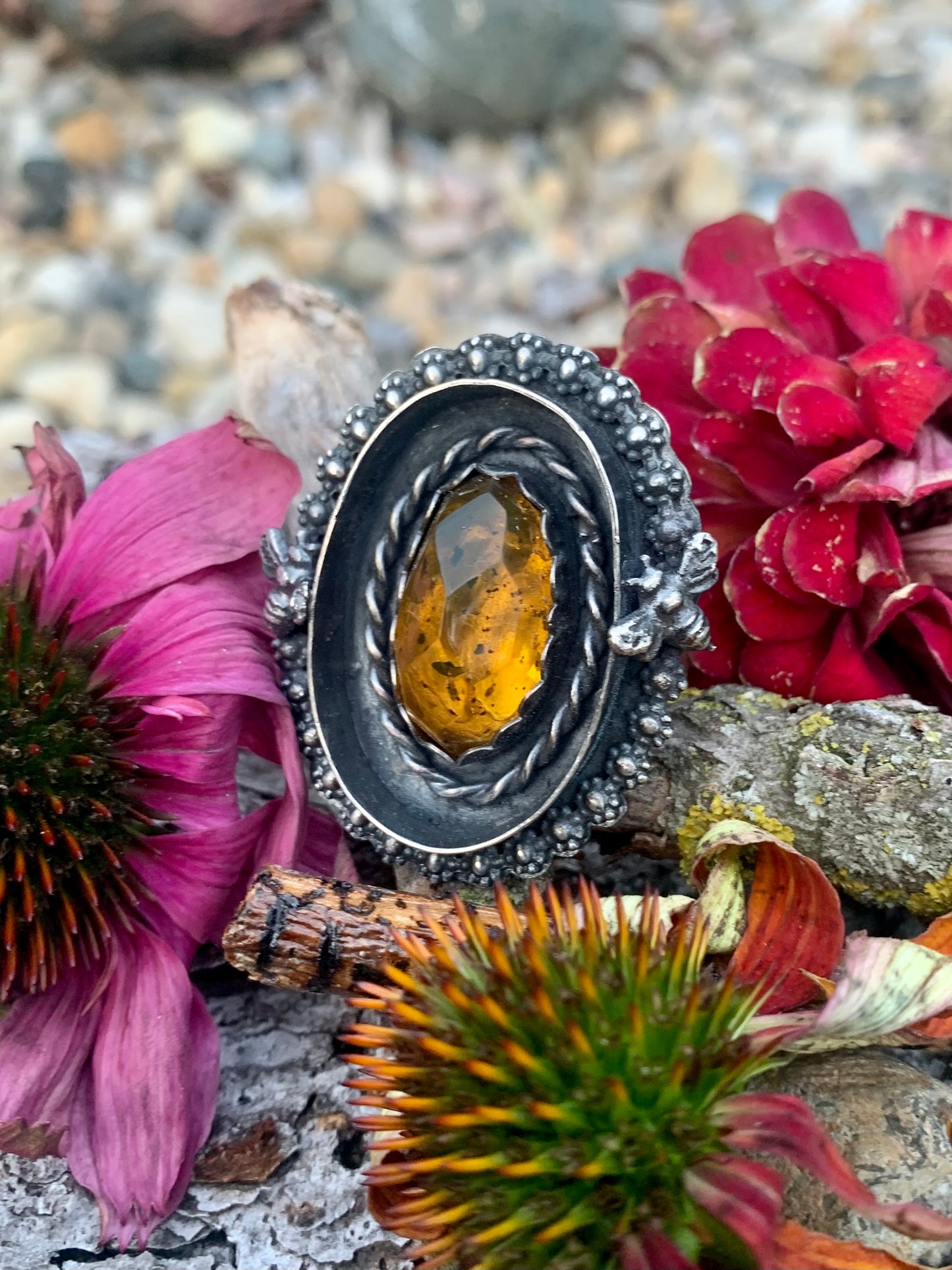 Amber & Bee Sterling Silver Shadow Box Ring