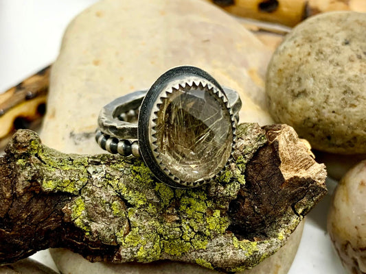 Golden Rutile Quartz Sterling Stacker Ring Sz. 7 (2pc.)