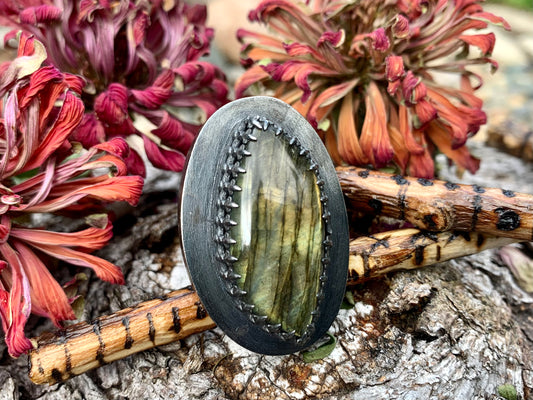 Sterling Silver Labradorite Hollow Form Adjustable Ring (2)