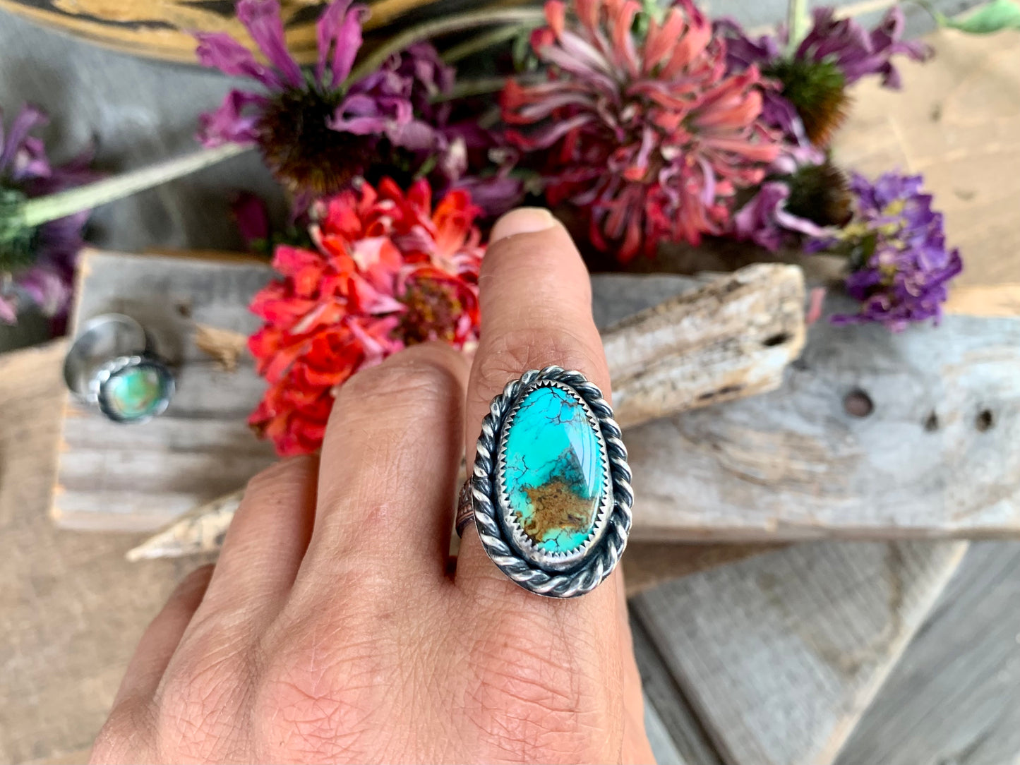 Sterling Silver Copper Hubei Turquoise Adjustable Ring (D)