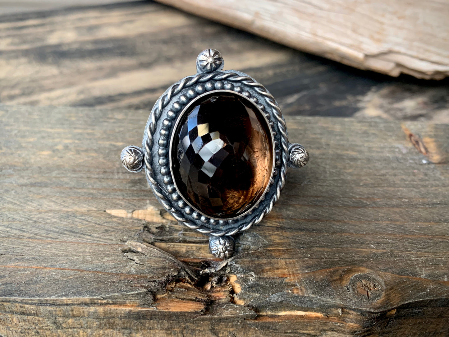 Smokey Quartz Sterling Silver Ball and Twisted Adjustable Ring