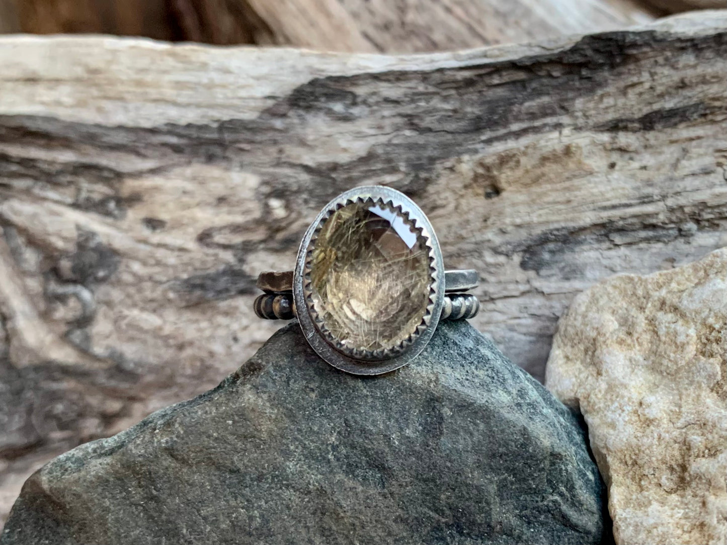 Golden Rutile Quartz Sterling Stacker Ring Sz. 7 (2pc.)