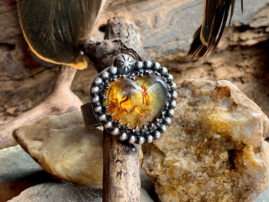 Sterling Silver Amber Heart adjustable Ring