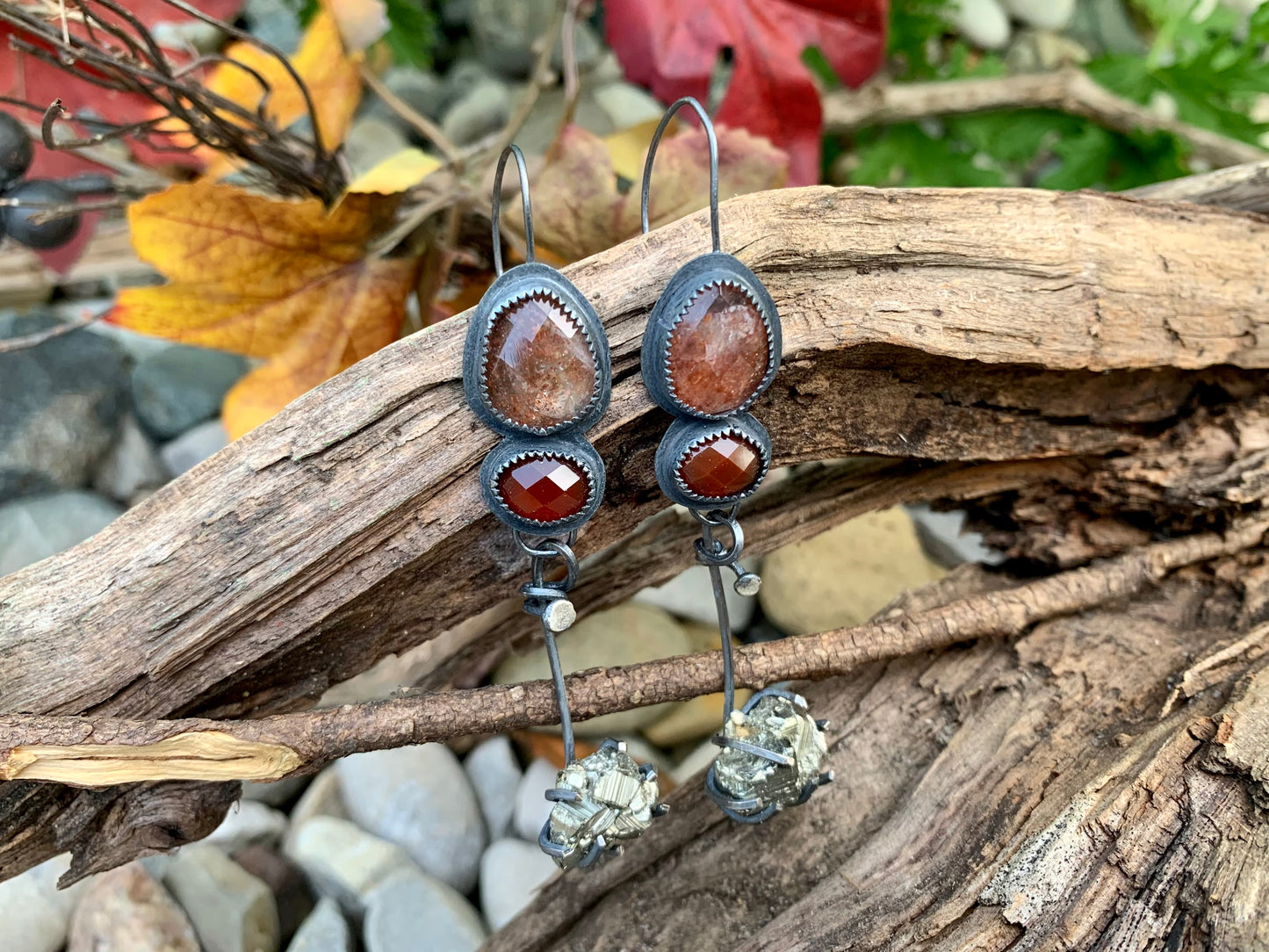 Fall Collection Sterling Silver Sunstone Rose Cut Carnelian Pyrite Earrings