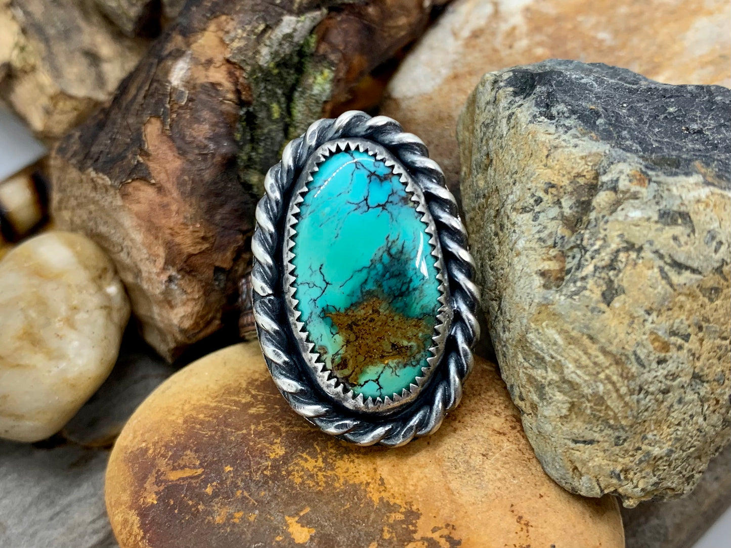 Sterling Silver Copper Hubei Turquoise Adjustable Ring (D)