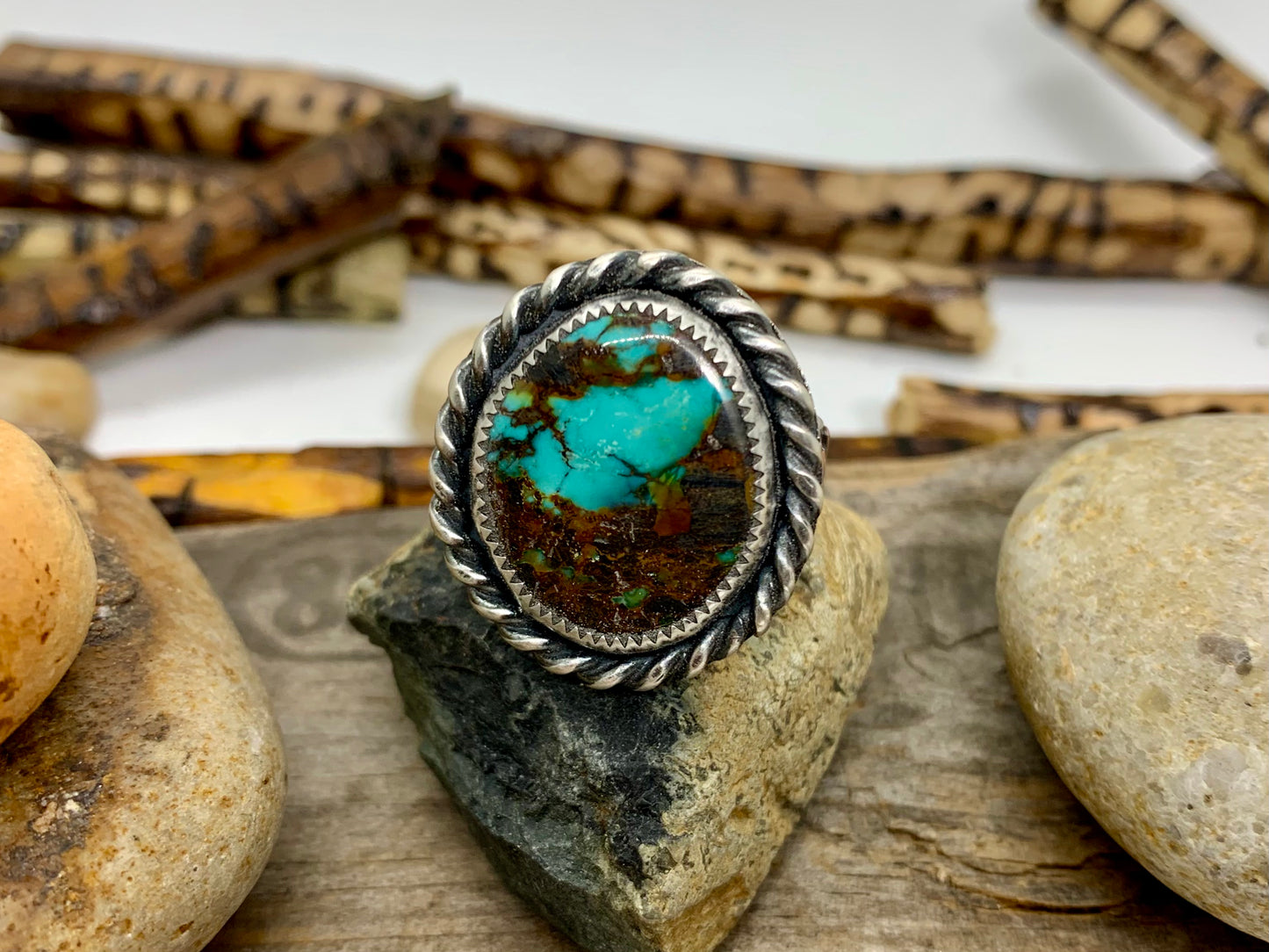 Sterling Silver Copper Hubei Turquoise Adjustable Ring (B)