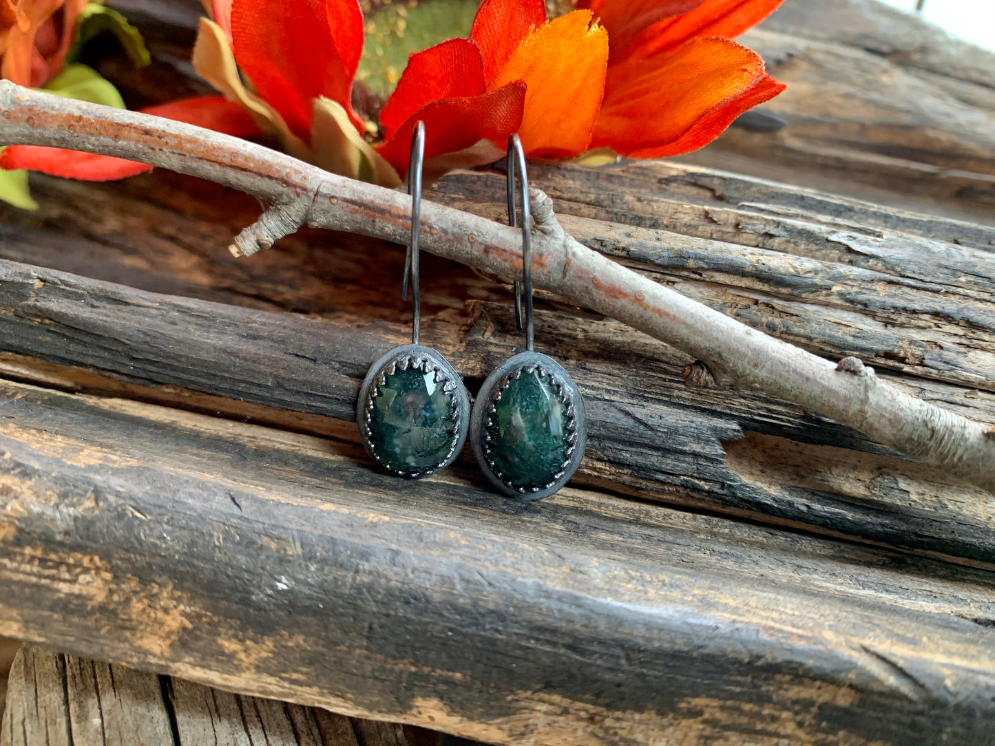 Fall Collection Sterling Silver Rose Cut Moss Agate Earrings