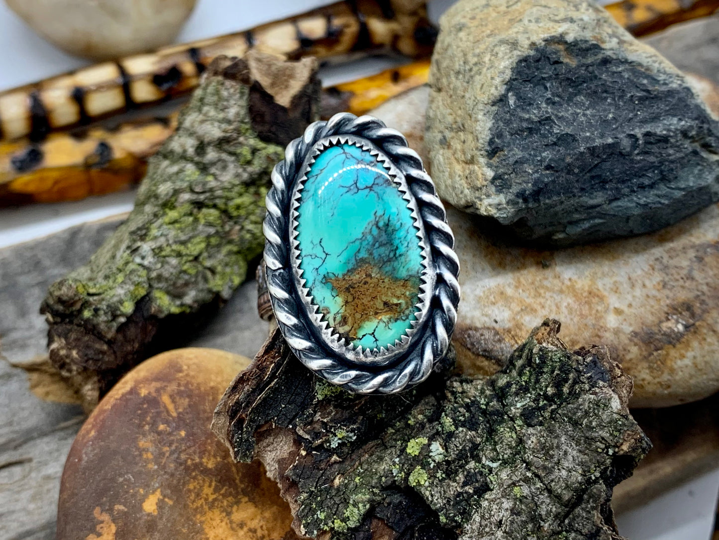 Sterling Silver Copper Hubei Turquoise Adjustable Ring (D)