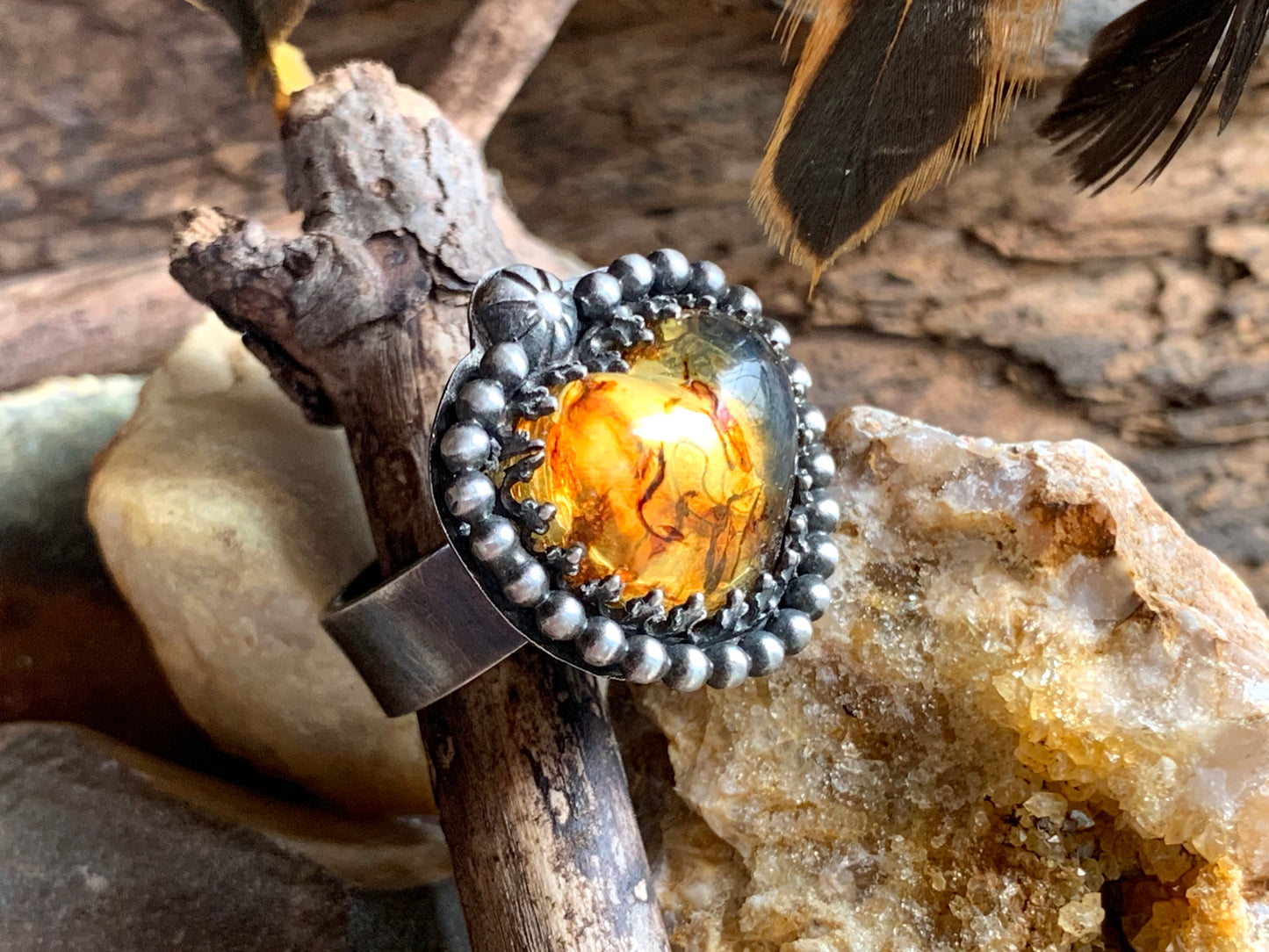 Sterling Silver Amber Heart adjustable Ring