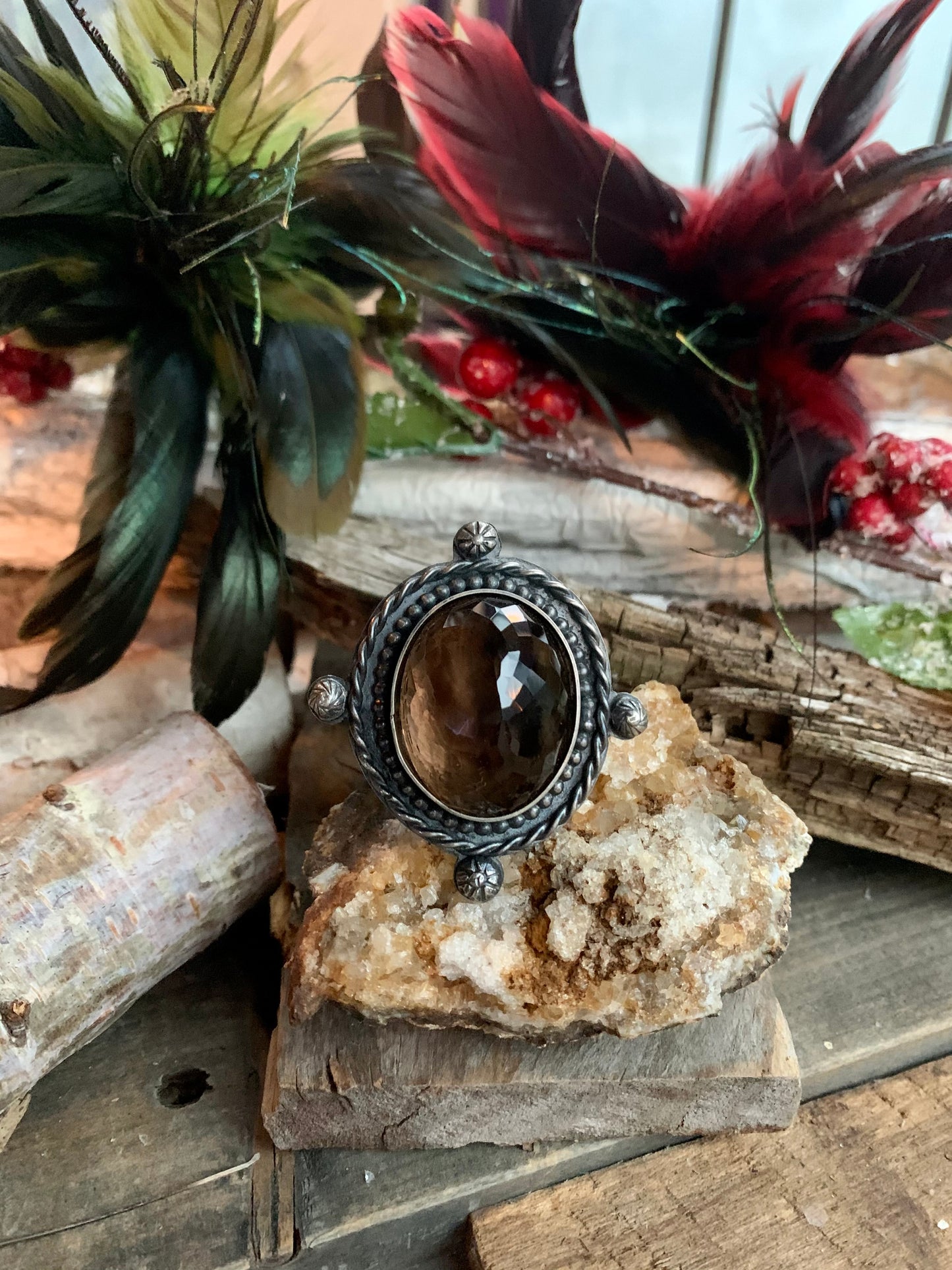 Smokey Quartz Sterling Silver Ball and Twisted Adjustable Ring