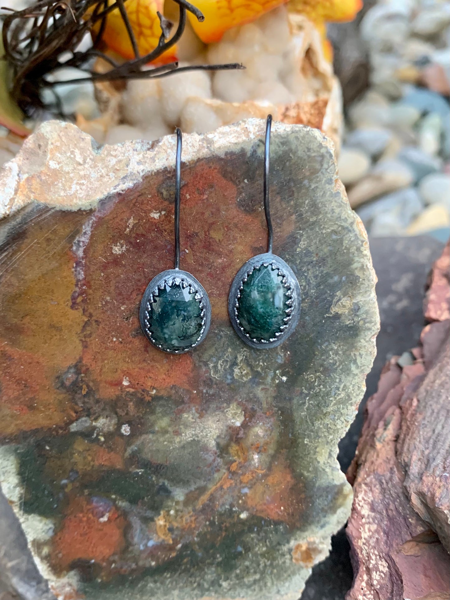 Fall Collection Sterling Silver Rose Cut Moss Agate Earrings