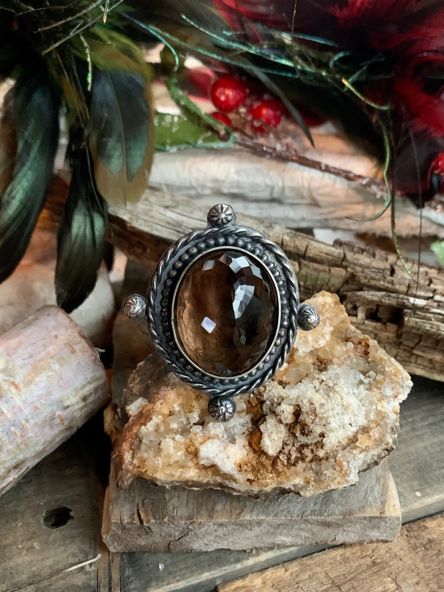 Smokey Quartz Sterling Silver Ball and Twisted Adjustable Ring