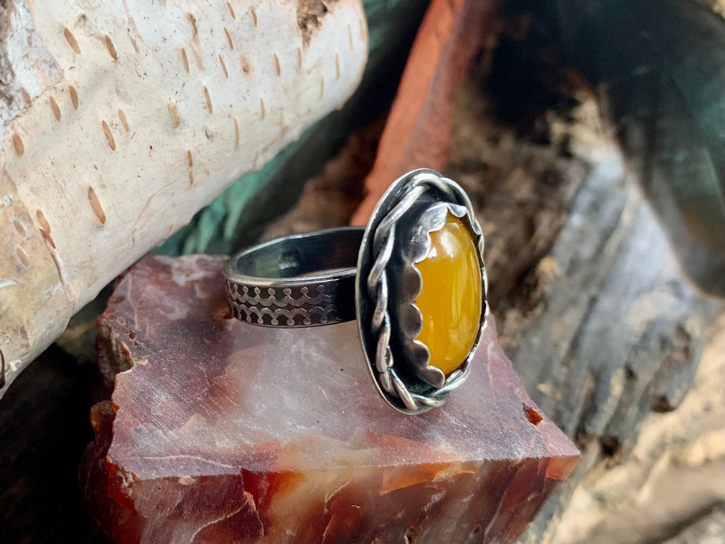 Sterling Silver Twisted Yellow Jade Adjustable Ring