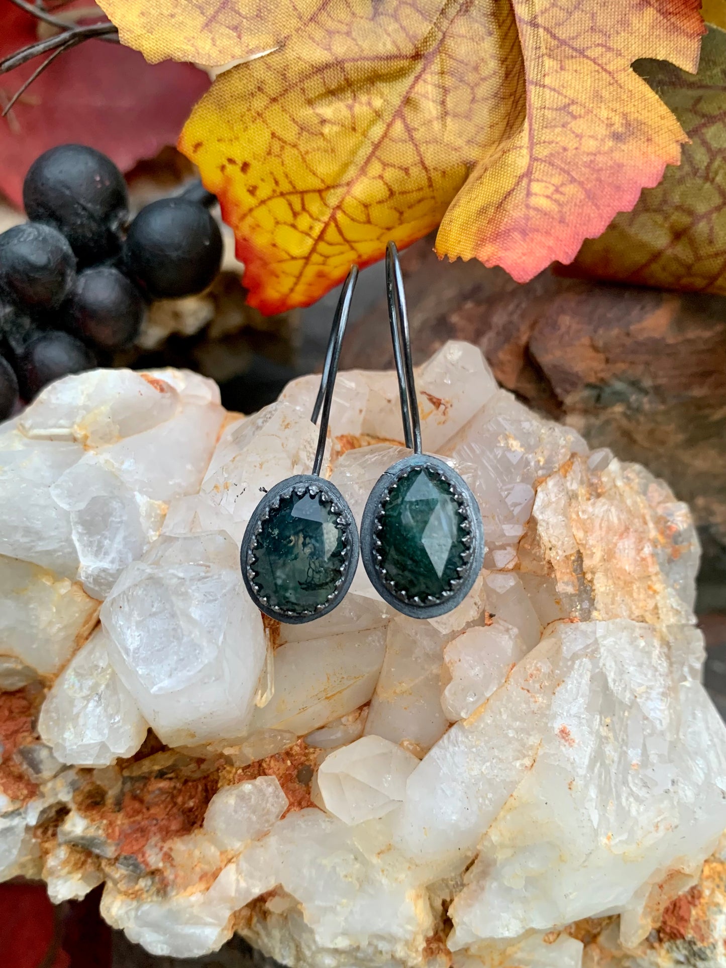 Fall Collection Sterling Silver Rose Cut Moss Agate Earrings