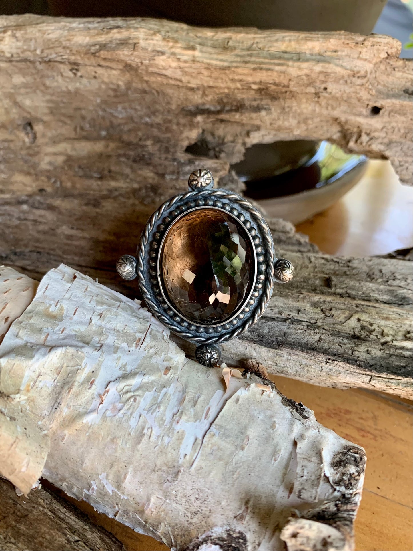 Smokey Quartz Sterling Silver Ball and Twisted Adjustable Ring