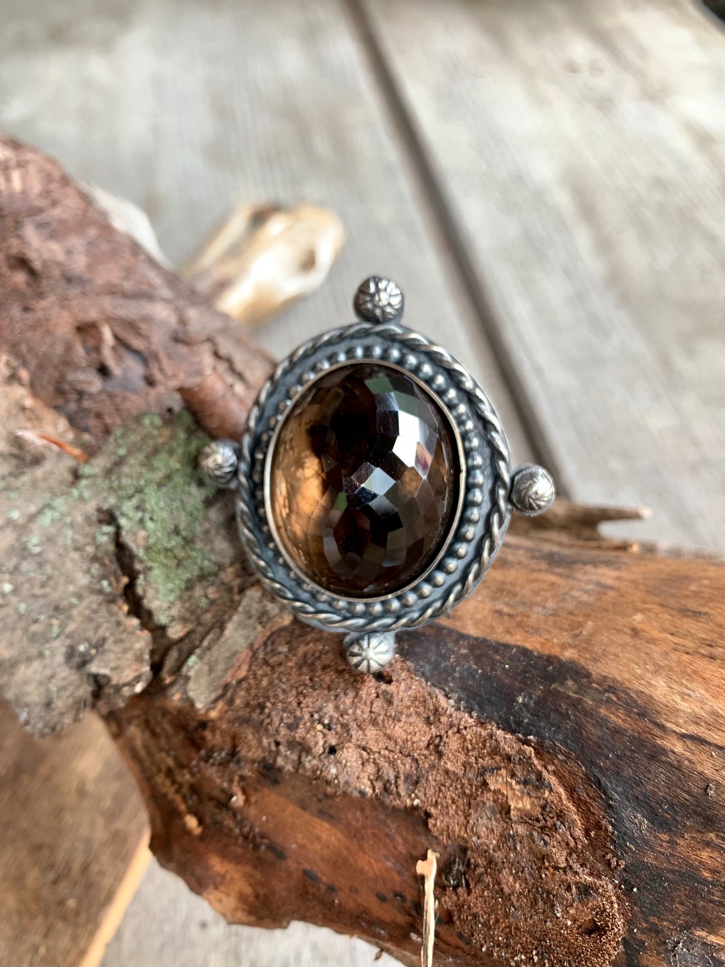 Smokey Quartz Sterling Silver Ball and Twisted Adjustable Ring