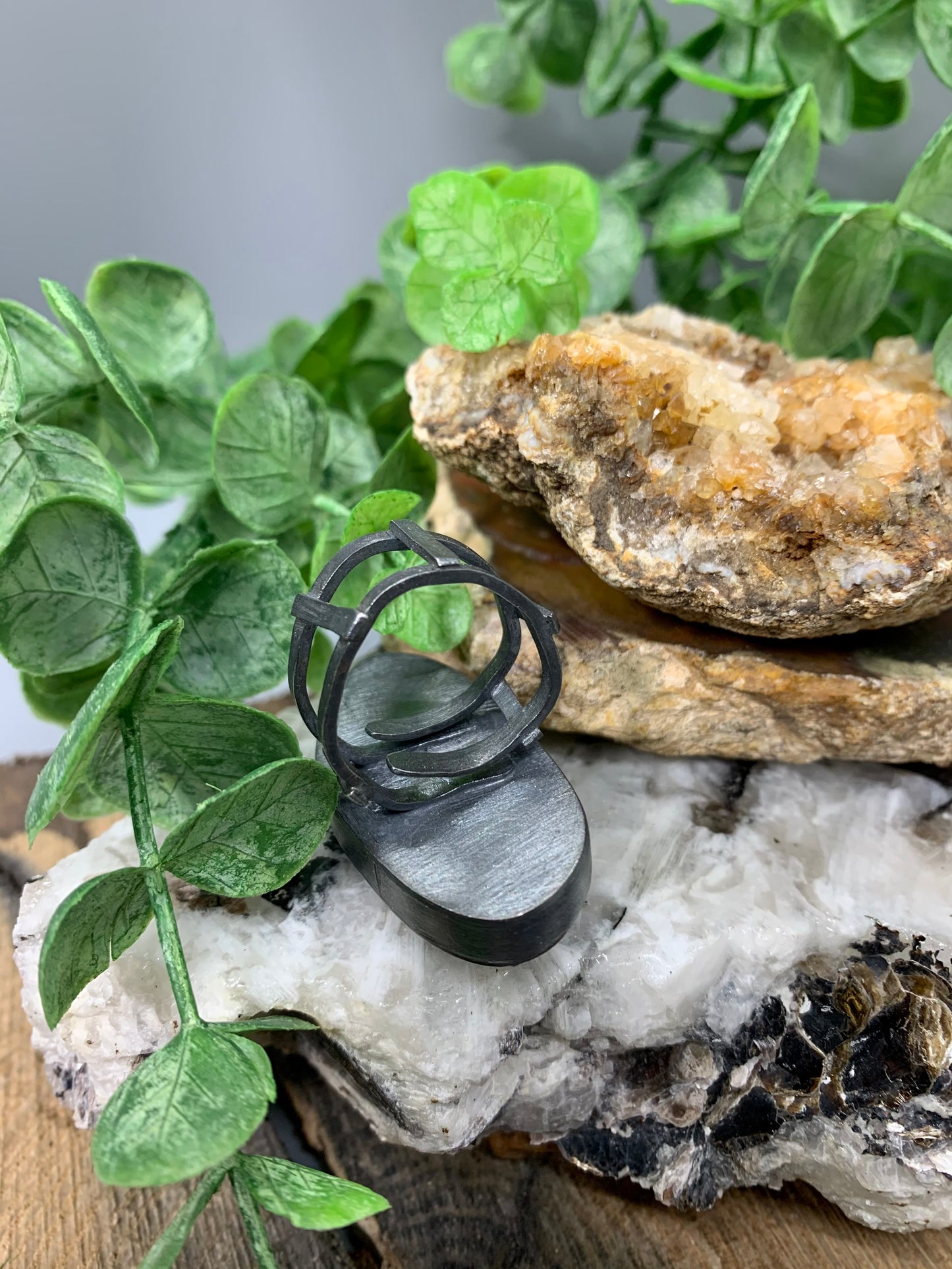 Oblong Labradorite Sterling Silver Hollow Box Form Adjustable Ring