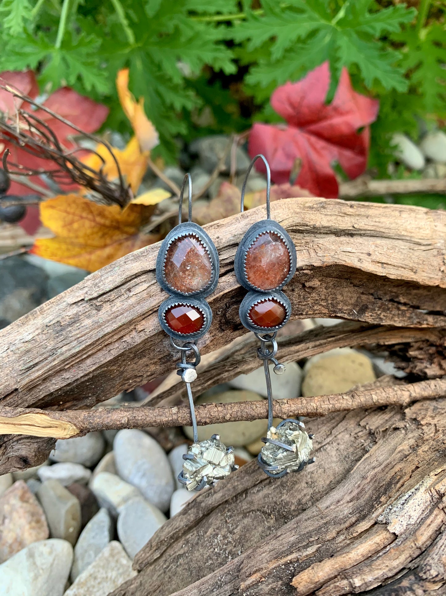 Fall Collection Sterling Silver Sunstone Rose Cut Carnelian Pyrite Earrings