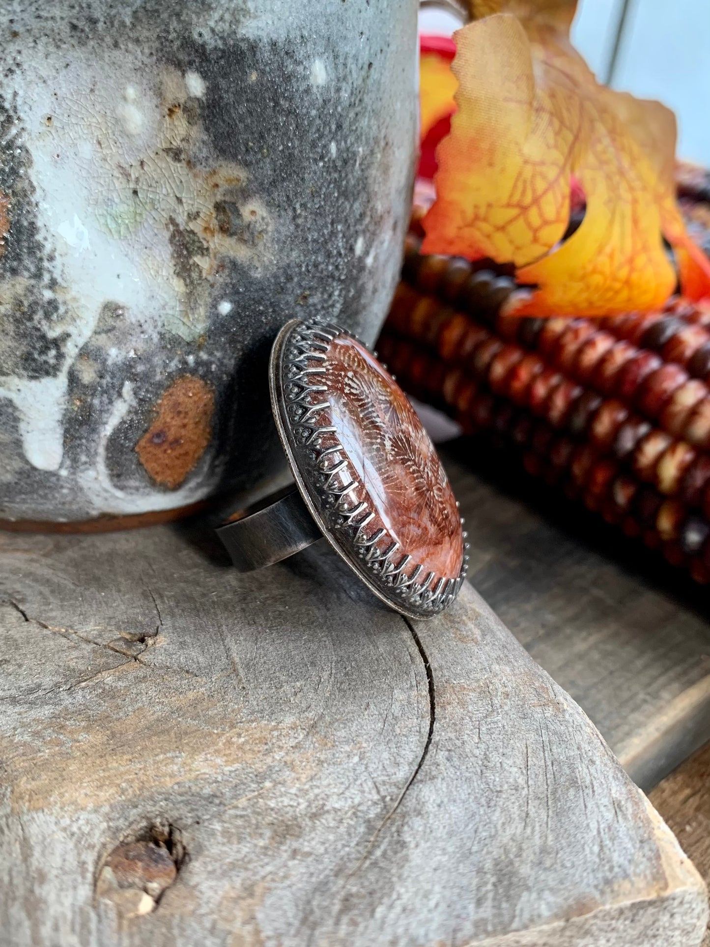 Sterling Silver Fossil Adjustable Ring