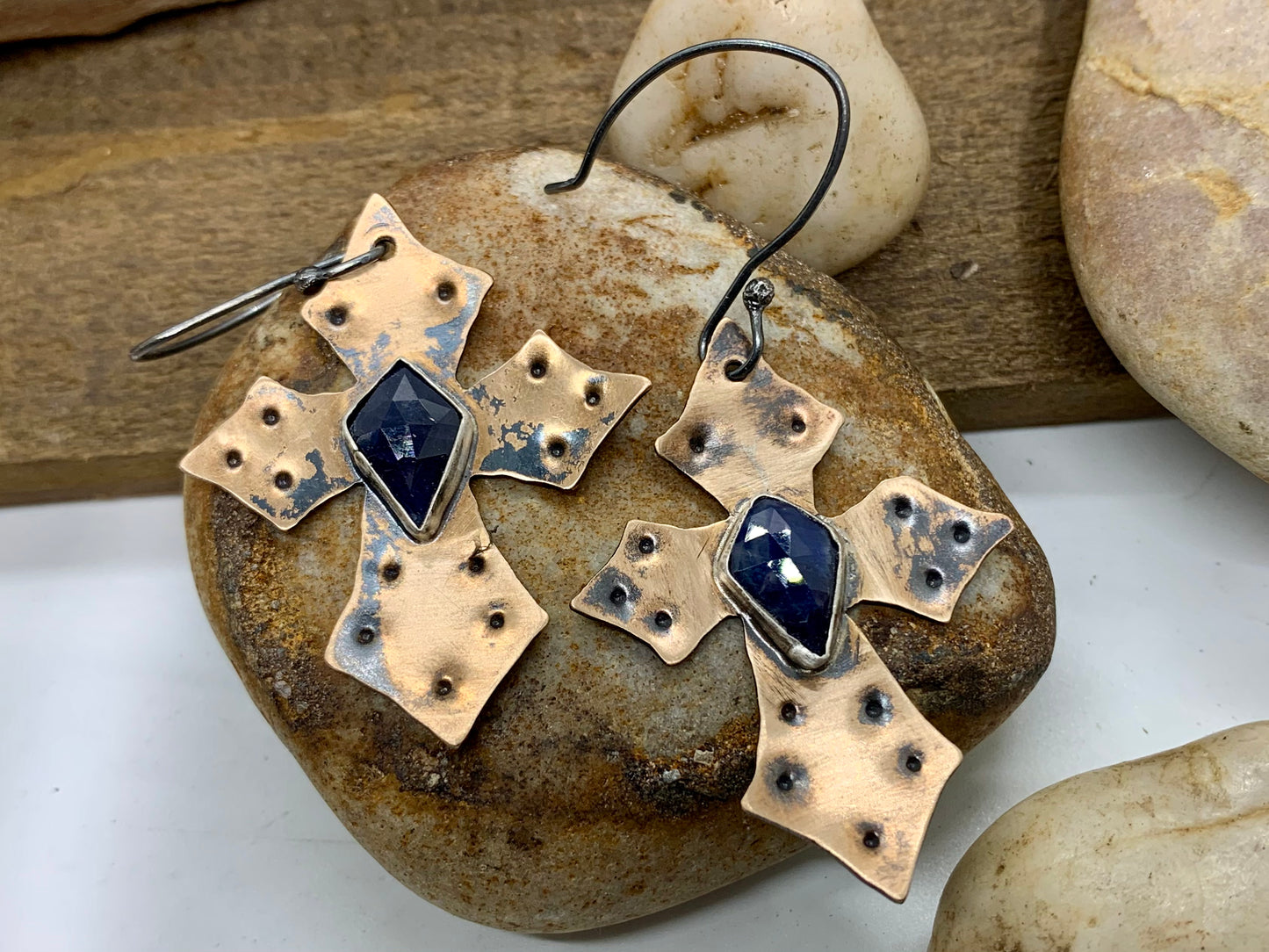 Bronze Sterling Silver Cross Blue Sapphire Earrings