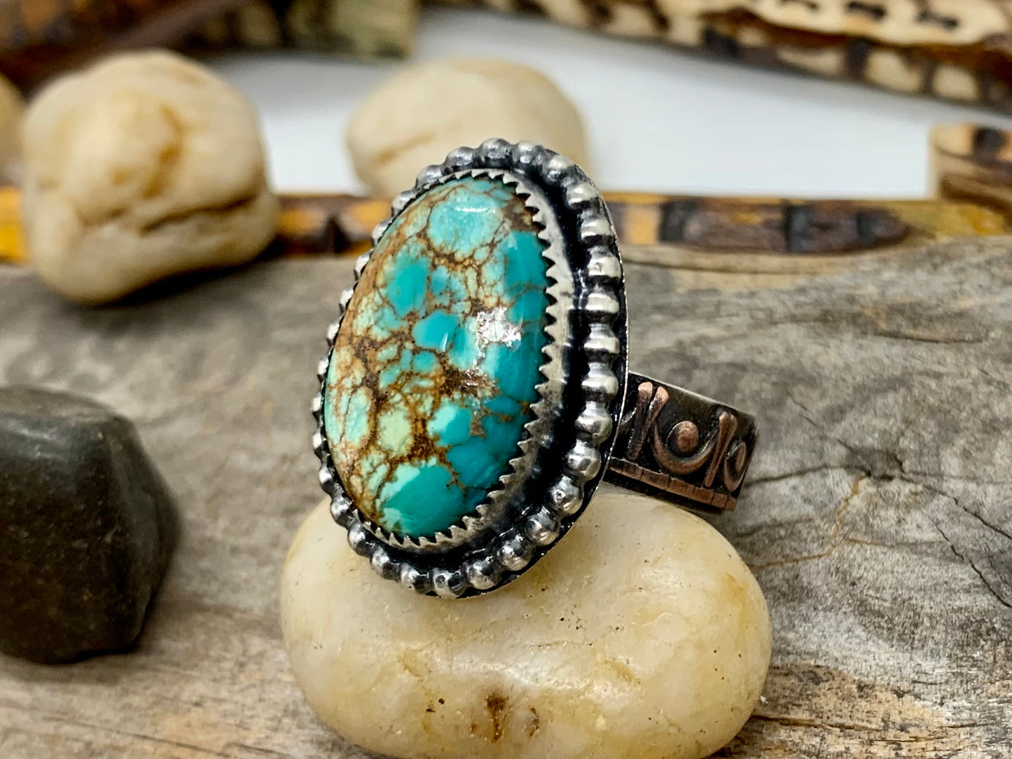 Sterling Silver Copper Hubei Turquoise Adjustable Ring (E)