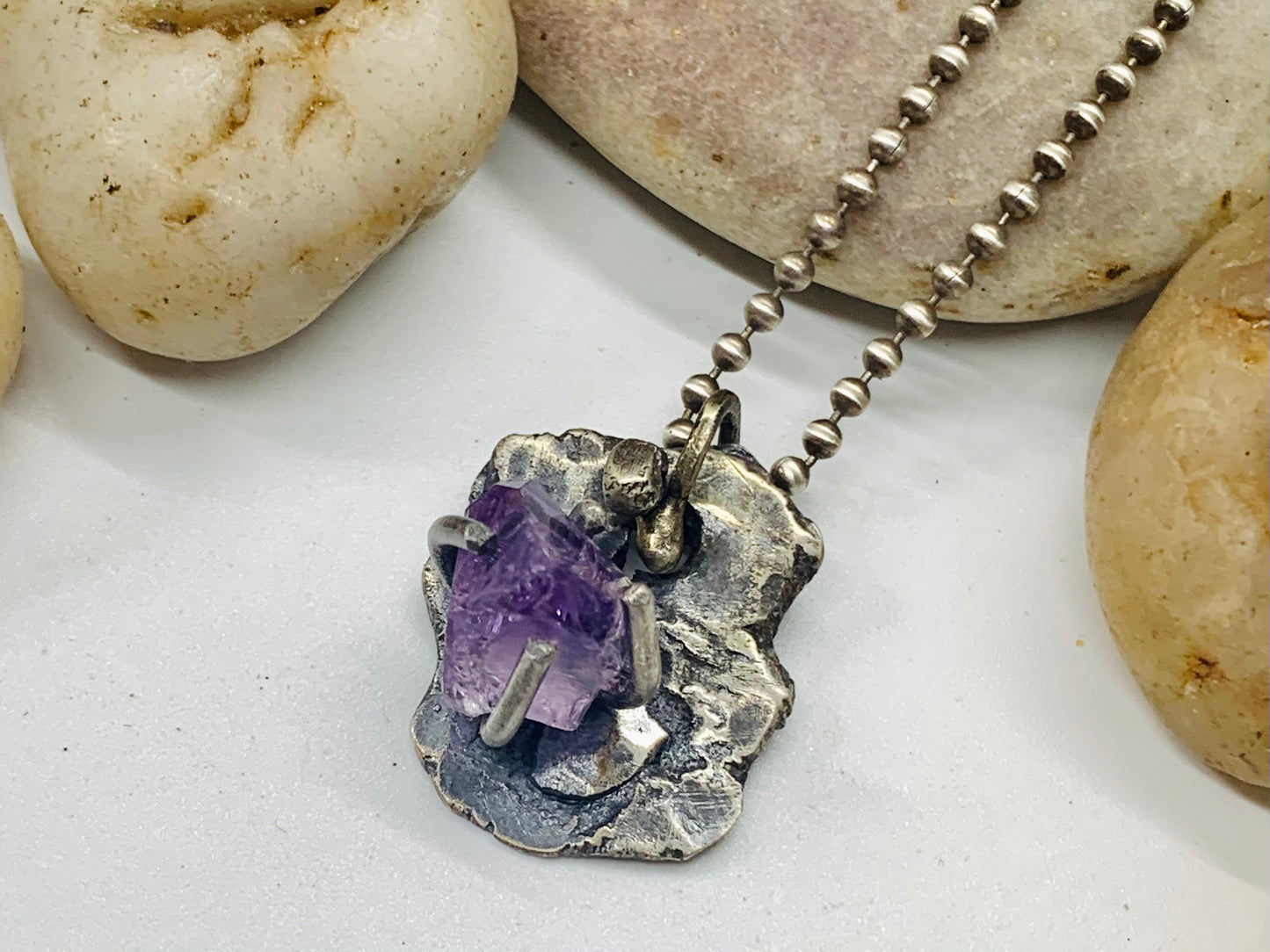 Sterling Silver Raw Amethyst Crystal Treasure Necklace # 3