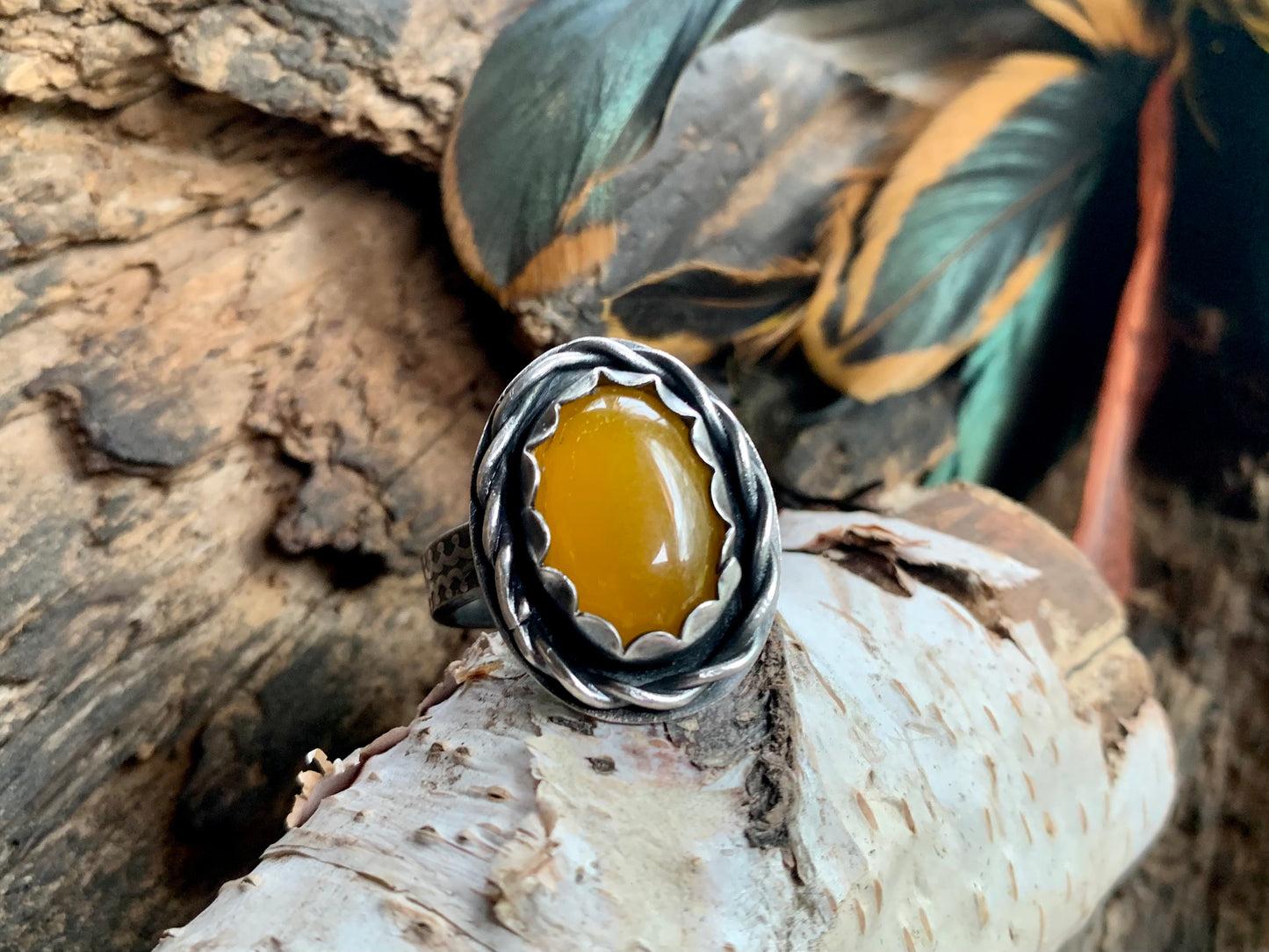 Sterling Silver Twisted Yellow Jade Adjustable Ring