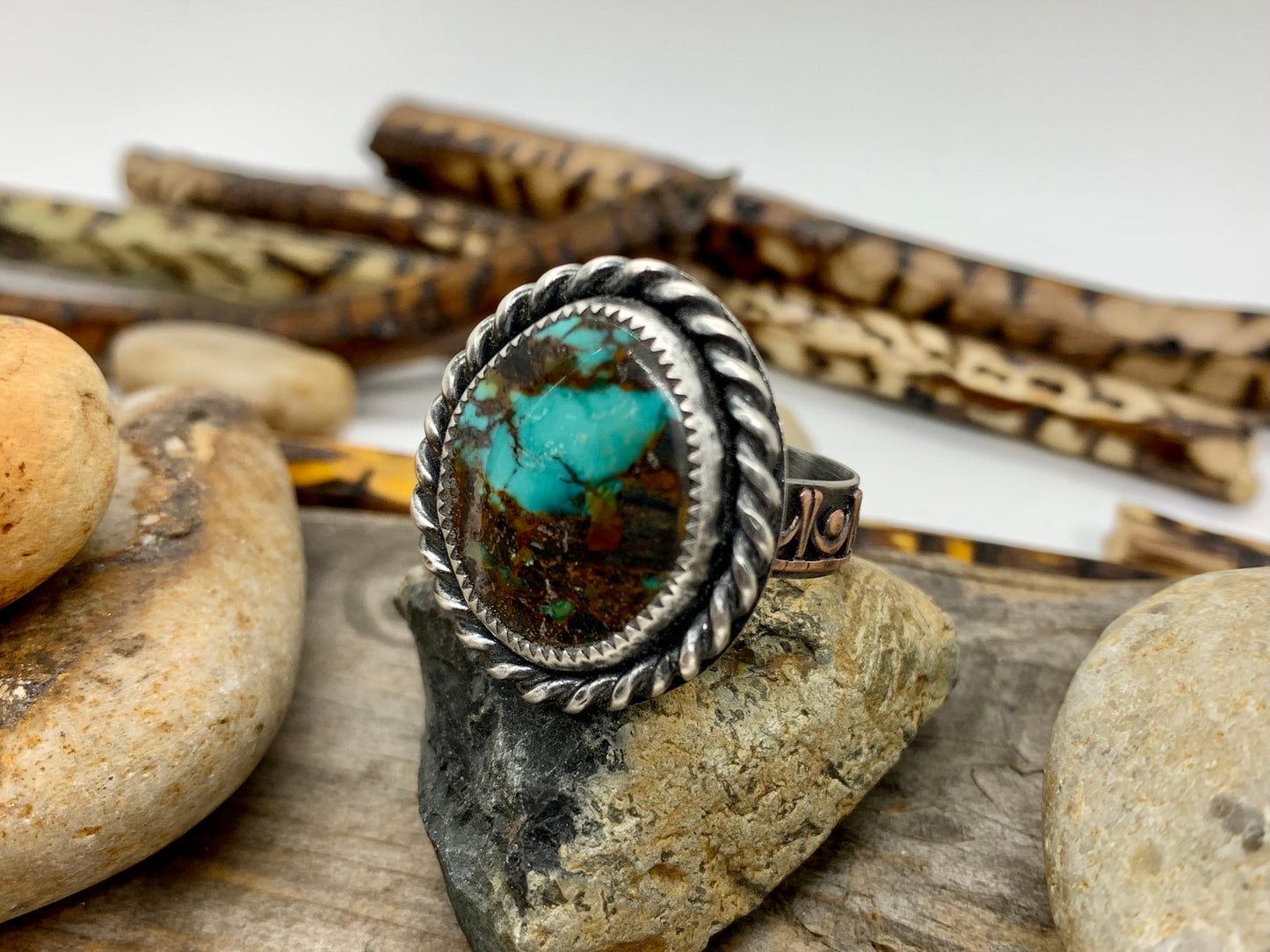 Sterling Silver Copper Hubei Turquoise Adjustable Ring (B)