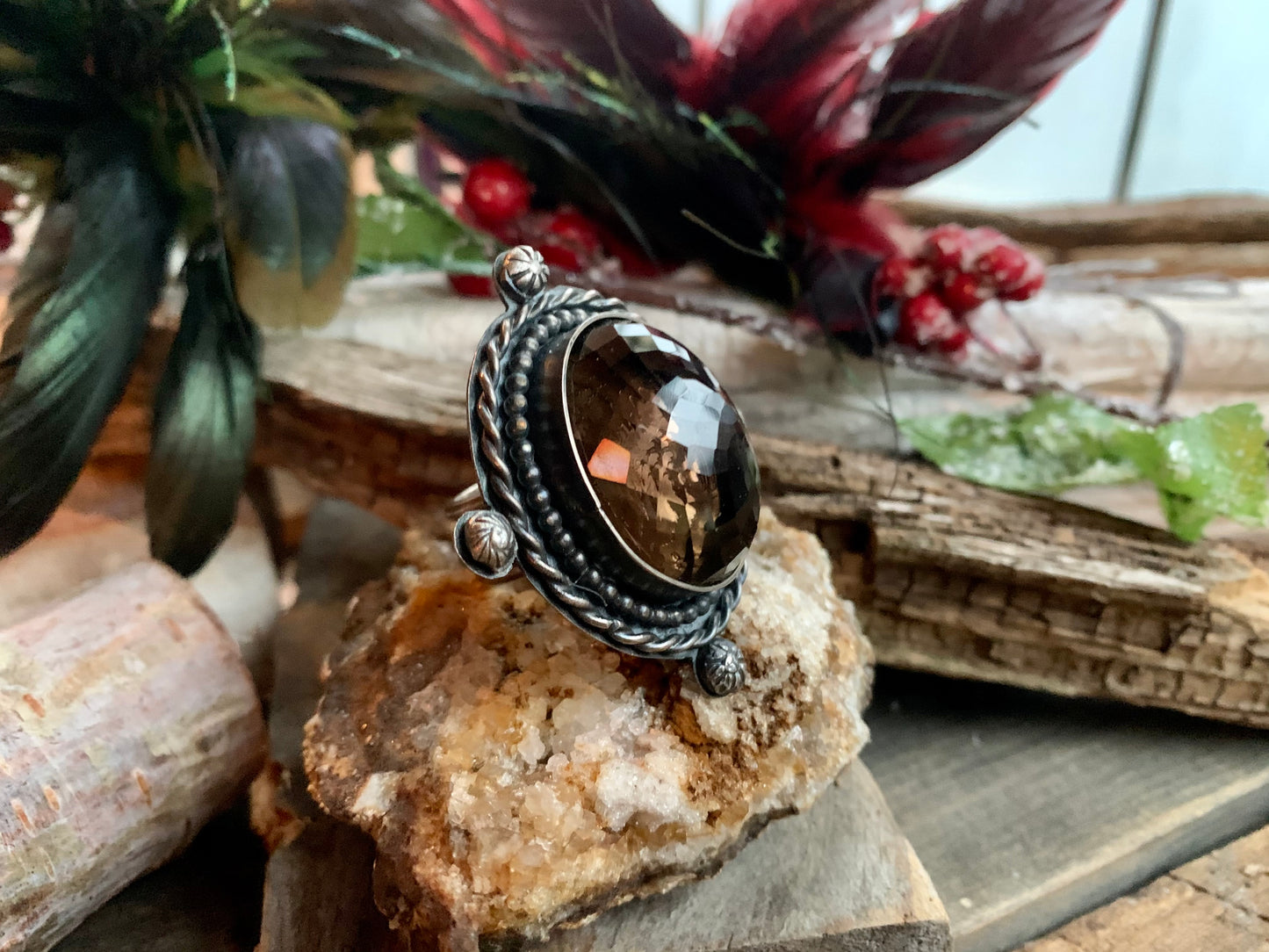 Smokey Quartz Sterling Silver Ball and Twisted Adjustable Ring