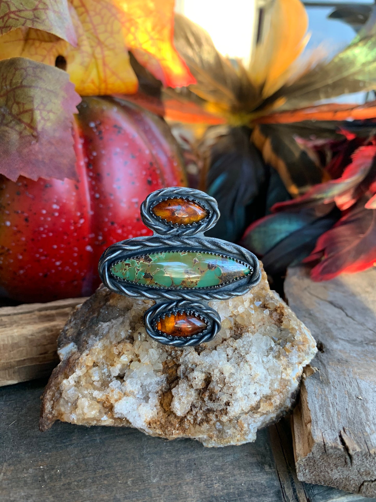 Sterling Silver Bamboo Mountain Turquoise Baltic Amber Adjustable Ring