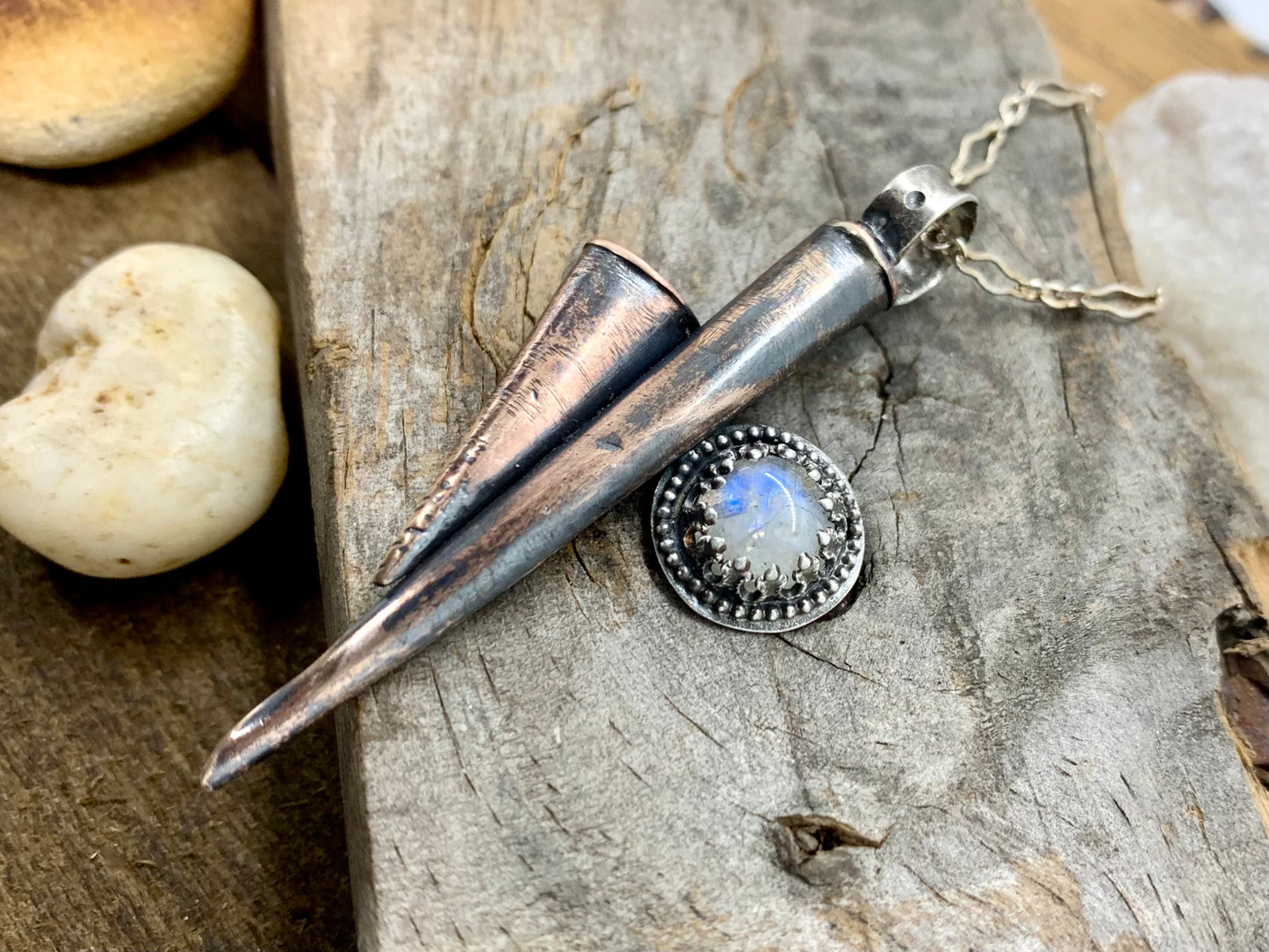 Sterling Silver Copper Double Cone Moonstone Necklace